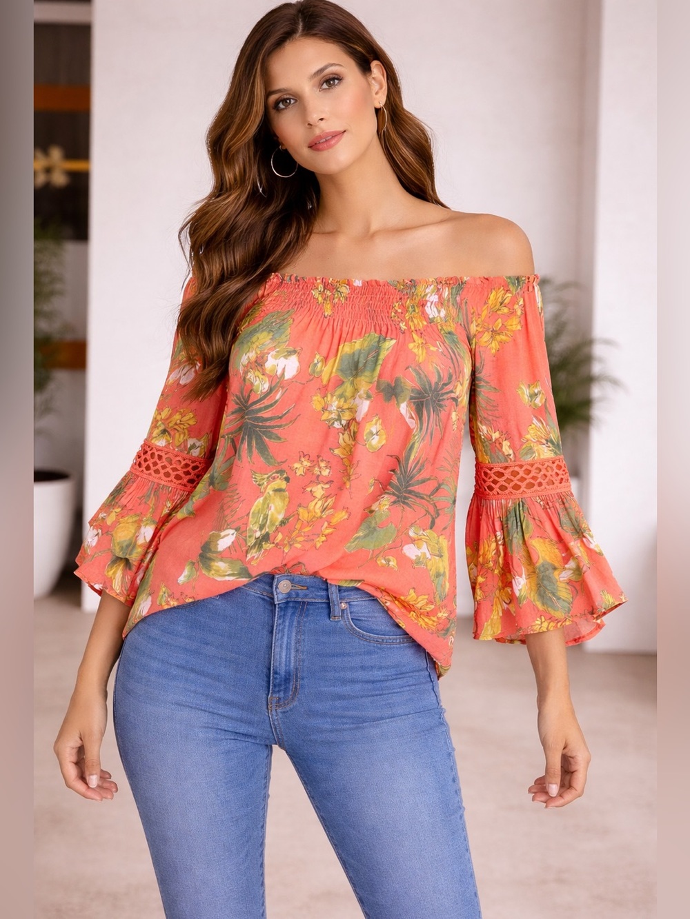 Unique Spectrum Coral Floral Off-Shoulder Bell Sleeve Blouse